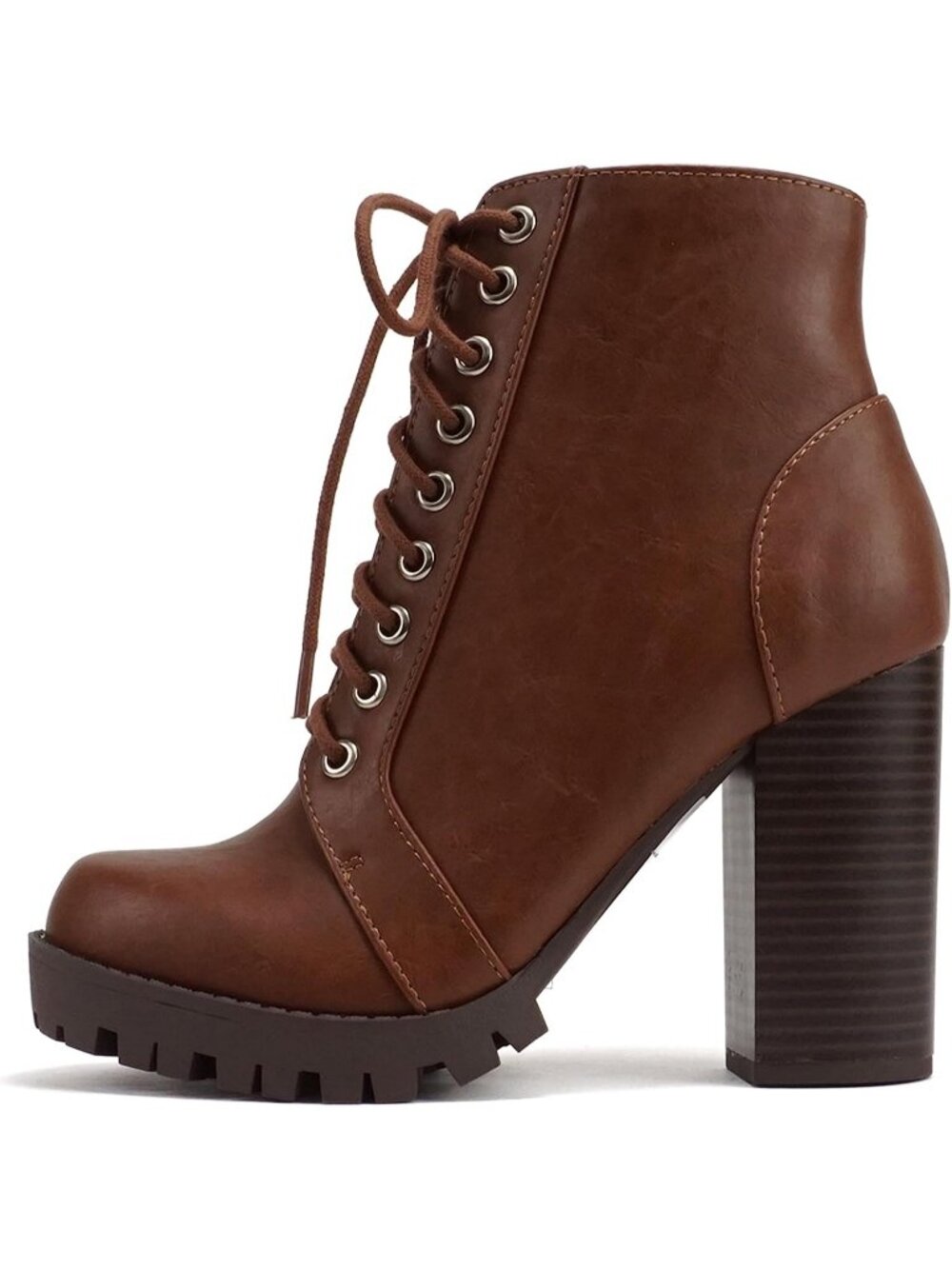 Women's Tan Lace Up Solid Casual Stacked Heels Closed Toe Zipper Ankle Boot